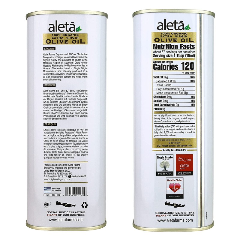 Aleta, Organic & PDO Extra Virgin Olive Oil, Certified Single