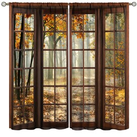 Autumn Natural Landscape Curtains,Vintage Window Pattern Kitchen Living Room Bedroom Curtains 2 Piece Set 42x63in