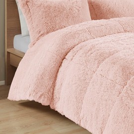 Twin/Twin XL Blush Shaggy Faux Fur Comforter Mini Set, Soft Fluffy Cozy Bedding
