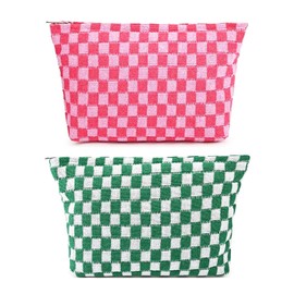 AJOJO Makeup Bag Checkered Cosmetic Bag Set for Women Travel Toiletry Organizer Cute Makeup Bag Pouch Storage Bag, Multiple colors, 2pcs-green + Pink