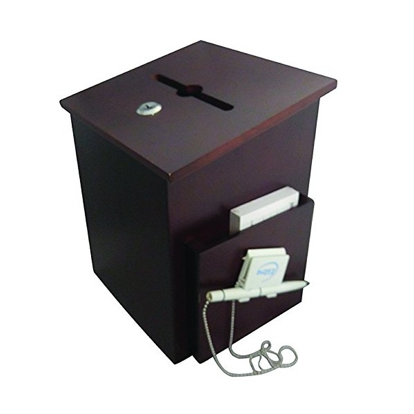 Rich Mahogany Wood Charity Donation & Suggestion Box Office Ballot Box with Pocket Comes with Locking Hinged Lid for Table Or Counter-top use (Dark Mahogany)