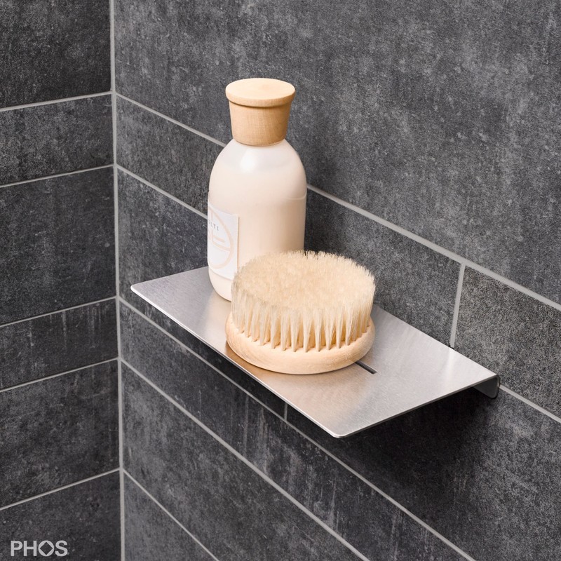 PHOS Design Shower Shelf 20 cm Wide Brushed Stainless Steel