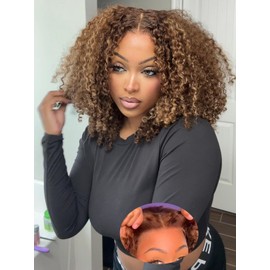 ORIGINAL QUEEN Ombre Curly Bob Wig Human Hair 5x7 Wear and Go OQ Hair Glueless Wigs Human Hair Pre Plucked Pre Cut Highlight Blonde Short Bob Water Wave Wigs for Women 4/27 Color 10Inch