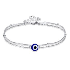 JERWLI Evil Eye Anklet Sterling Silver Evil Eye Layered Ankle Bracelet Good Luck Protection Amulet Jewelry for Women