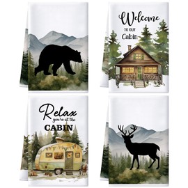 Buryeah 4 Pcs Cabin Kitchen Towels Set Camping Dish Towels Bear Deer Mountain Kitchen Towels Farmhouse Tea Towels, Cabin Themed Hand Towels for Country Kitchen Decor 16x24 Inch