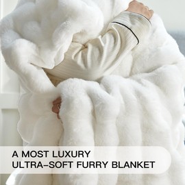 Plush & Plaid Faux Fur Throw Blanket for Couch Sofa, Fuzzy Soft Thick Bubble Blanket for Bedroom Living Room, 50 by 60 inches, White