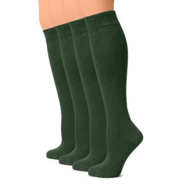 HUGH UGOLI Women Cotton Knee High Socks, Long Dress School Uniform Socks for Girls, Soft & Lightweight Boot Socks, Shoe Size: 8-11, Army Green, 4 Pairs