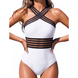 Hilor Women's One Piece Swimwear Front Crossover Swimsuits Hollow Bathing Suits Monokinis, White