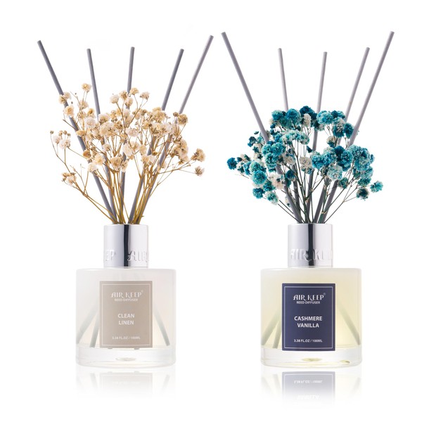 Airkeep Reed Diffuser 3.38 oz (100ml) 2pk,Clean Linen/Cashmere VanillaScented Reed
