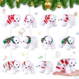 Yinder 12 Pcs Christmas Polar Bear Ornament White Christmas Flocked Polar Bear with Scarf Wearing Scarves Animals Figurines Hanging Ornaments for Xmas Tree Decor