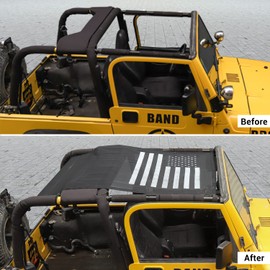 JWWY for Jeep TJ Sunshade Mesh Sun Shade Bikini Top for 1996-2006 Jeep Wrangler TJ US Flag 4Door,Reduces UV + Wind & Noise. Easy No Tool Install Sun Shade Top for Jeep Lover Gifts Accessories