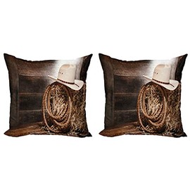 Ambesonne Western Throw Pillow Cushion Cover Pack of 2, American West Rodeo Hat Traditional Ranching Robe on Wooden Ground Folk Art Photo, Zippered Double-Side Digital Print Decor, 18", Beige Brown
