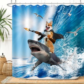 ZXMBF Funny Dog Corgi Riding Shark Shower Curtain Ocean Sea Waves Seagull Animal Surfing for Kids Boy Men Hilarious Fun Waterproof Fabric Bathroom Decor 72Lx72W Inch with 12PCS Plastic Hooks