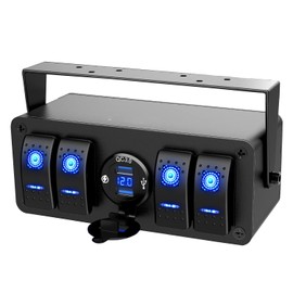 Unifizz 4 Gang Rocker Switch Box 12V SPST ON Off Switch QC 3.0 USB Charger Voltmeter Waterproof Aluminum Rocker Switch Panel Night Glow Stickers for Boats Cars RVs Trucks