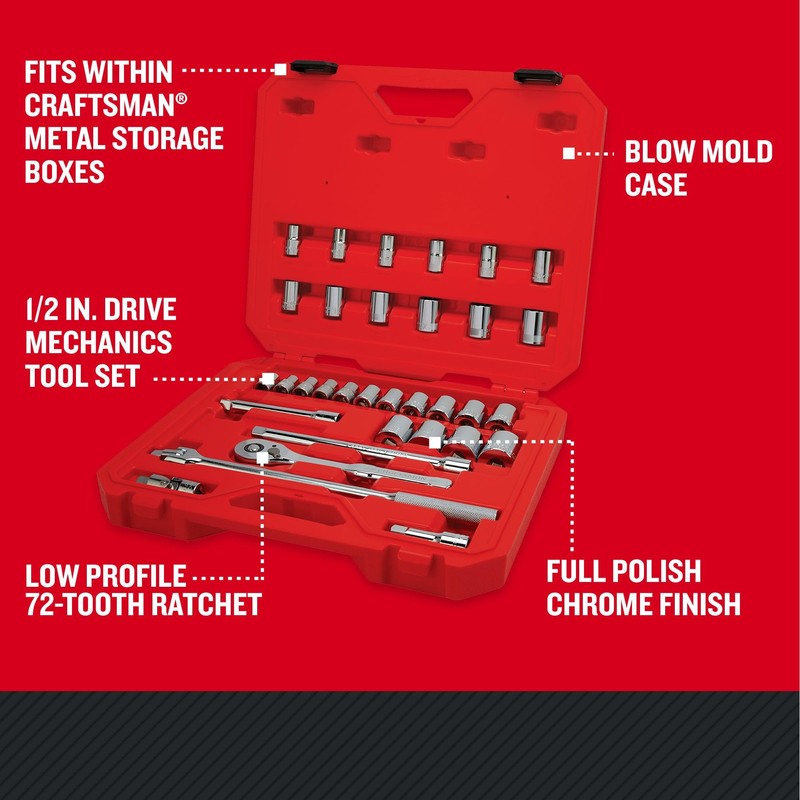 CRAFTSMAN Mechanics Tool Set, 33 Piece, 1/2 Inch Drive SAE/Metric