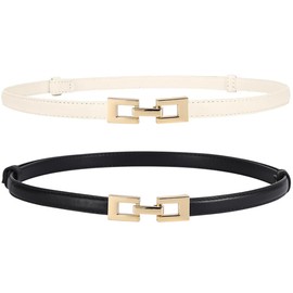 Doneboo Pack of 2 Skinny Belts, Slim Waist Belt for Women, Adjustable Thin Belt, Leather Belt with Gold Metal Buckle for Dress, Beige and black