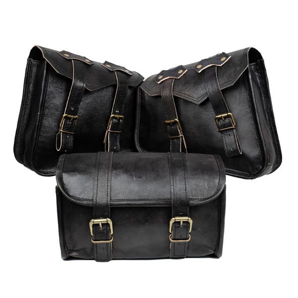 EXPORT 12 Leather Motorcycle Saddlebags, Dual Compartment, Black (Black 3