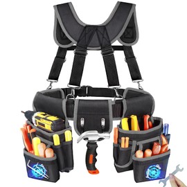 Tool Belt With Suspenders, Heavy Duty Magnetic Tool Belts for Men with 18 Pockets, Tool Belt with Adjustable 32 to 66 Inches Detachable Waist for Electricians, Carpenters, Framers, Black-Grey