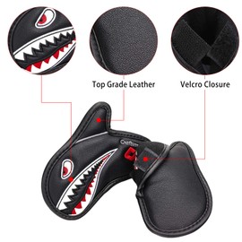Craftsman Golf Iron Covers Shark Embroideried with 3D Fin 8pcs Black Golf Iron Club Headcover Set with Large Red No.