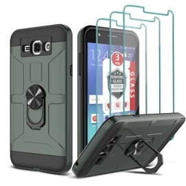 Case for Gaalxy J7 2015/Neo/J7 Core/J7 Duos/Nxt, J7 2015 Case with [3X Tempered Glass Screen Protector], Built-in Ring Kickstand and Magnetic Car Mount Shockproof Dropproof Armor Cover- Dark Green