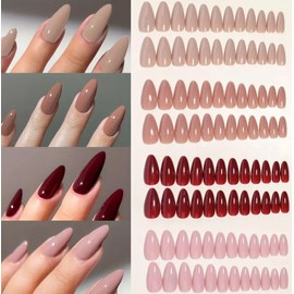 96pcs Luxurious Glossy Almond-Shaped Press-On Nails Set - Medium Length, Solid Color Fake Nails in Brown & Purple Shades with Easy Application Tape and Nail File for Women and Girls