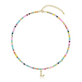 Yifnny Colorful Beaded Initial Necklaces, Letter Pendant Summer Beach Necklace Boho 18K Gold Plated Jewelry Gold Initial Rainbow Beaded Necklace Colorful Beaded Choker for Women (L)