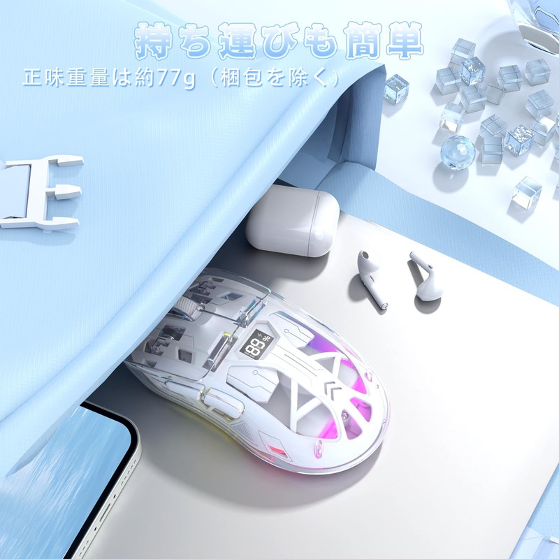 FREEWOLF Gaming Mouse, A2 Transparent RGB White, 2.4G/BT Connection, Wireless