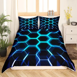 Honeycomb Single Bedding Sets for Boys Kids Black Teal Blue Hexagon Geometrical Duvet Cover,3D Geometric Beehive Pattern Hexagonal Comforter Cover Neon Lights Glowing Bed Set Ultra Soft Room Decor