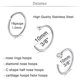 QWALIT Nose Rings Hoops Half Hoop Nose Ring C Shape Nose Hoops Cartilage Hoop Earring Cartilage Earring Hoop Helix Hoop Earring Small Hoop Earrings for Cartilage Tragus Hoop Earring 18g 8mm