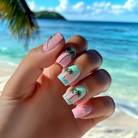 Beach Vacation Press on Nails Coconut Tree Design Fake Nails with Glue Short Square Full Cover Stick on Nail for Women Glossy Artificial False Nail