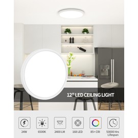 Flush Mount 12 Inch LED Ceiling Light Fixture, 24W Super Slim Ceiling Lamp with Remote, 2400LM Dimmable Brightness, 2700K-6500K Adjustable Color Temperature, for Bedroom Living Room Kitchen Office