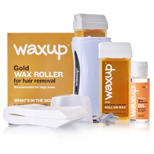 waxup Roll on Wax Kit for Hair Removal, Roller Waxing Kit for Women, 1 Portable Wax Warmer, 25 Non Woven Waxing Strips, 2 Gold Wax Roller Kit Refill, 1 Almond Oil Wax Remover