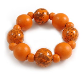 Chunky Wood Bead with Animal Print Flex Bracelet in Orange/Size M