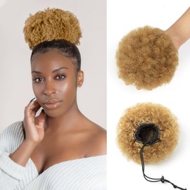 SPIKFN Afro Puff Clip On Human hair Drawstring Ponytail for Black Women,Ponytail Extension 6 Inch #27 Honey Blonde 50g Short Afro Kinkys Curly Afro Bun Extension Hairpiece