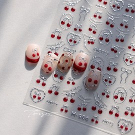 UEYRSEDB 5D Embossed Cherry Nail Stickers Red Crystal Cherry Nail Art Stickers Self-Adhesive Summer Fruit Nails Decals Cute Red Rhinestone Design Silver Bow Nails Supplies for Women Manicure DIY