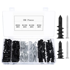 150 Pcs Self Drilling Plasterboard Fixings Heavy Duty, Raw Plugs and Screws for Plasterboard Wall Plugs and Screws, Nylon Drywall Hollow Cavity Wall Fixings Anchors Screws and Drywall Anchors, Black