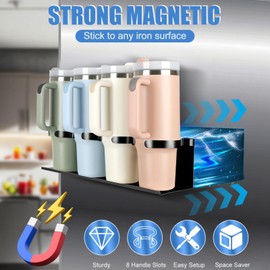4 Pack Magnetic Cup Holder for Fridge, Magnetic Cup Holder with Tumbler Lid Organizer for for 20oz 30oz 40oz Cup, Water Bottle Organizer Rack with 7 Hooks for Kitchen Fridge Cabinets (Black, 8 Cups)