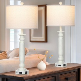 Rinweey 28.5" Farmhouse Table Lamps for Living Room Set of 2, 3-Way Dimmable Touch Lamps, Table Lamp with USB C+A Ports, Bedside Nightstand Lamps with Linen Shade for Bedroom (White)