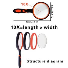 NANAOUS Lupa de Lectura de Gran Aumento de Mano 10X 75 mm Lupas Portátil, Aplicada a Libros de Ciencia Insectos Hobby Observación Premium Mango Suave para Mayores Niños (Ferroso + Naranja)