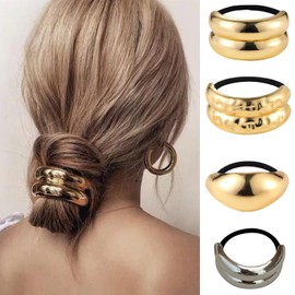 papasgix Metal Hair Ties, Metal Geometric Elastic Hair Ties, Hair Cuff Wrap Hair Ties for Thick Hair Elastic Hair Ties for Women Hair Accessories (Gold+Silver-3)