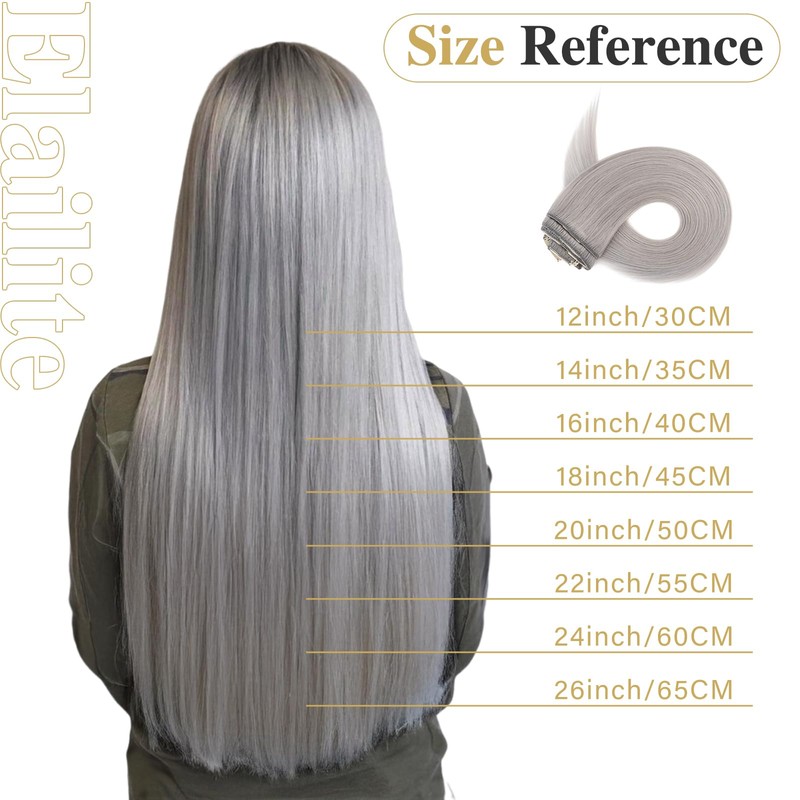 Elailite Real Hair Clip-In Extensions, 8 Wefts, Grey, Straight, Real