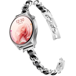 LYSANDRA Slim Gold Bands Adjustable Metal Chain Bracelet Strap Compatible with Fitpolo AR-01, aeac AR-01 Smartwatch, Adjustable Metal Chain Bracelet Strap with Leather (Silver)