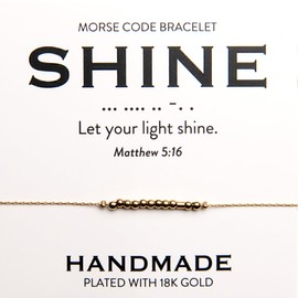Christian 18K Gold Morse Code Bracelet for Her | Minimalist Matthew 5:16 Bible Verse Jewelry for Women | Let Your Light Shine | Ladies Religious Dainty Beaded Jewellery with Inspirational Words of Encouragement | Inspirational Catholic Gift for Mom, Daug