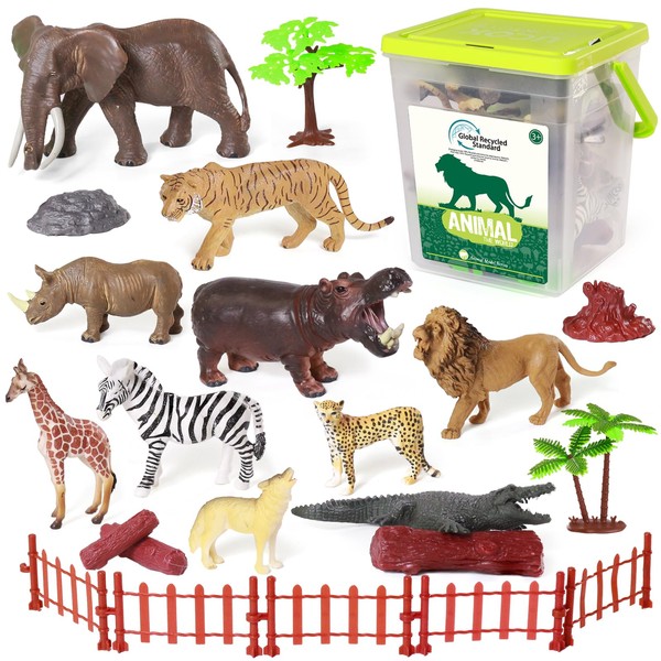 BIWASE Animals Figures Toys for Kids, Safari Realistic Animal Figurines Playset with Fence for Toddlers, 22 PCS Wild Zoo Jungle Plastic Toy Gift Set for Boys and Girls