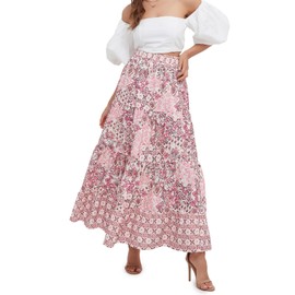 ZCKZUK Women's Stylish Elegant Floral Printed Maxi Skirt with Ruffle Detail, Elastic Waist A-Line Skirt (US, Alpha, Large, Regular, Regular, Print)