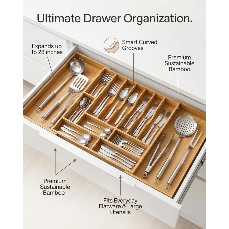 GAMYPET Expandable Bamboo Silverware Drawer Organizer – Adjustable 33" Wide