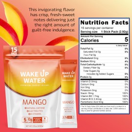 Wake Up Water - Energy + Hydration Sugar Free 15 Packs, Mango Flavor - Energy Drink Powder, Electrolytes Powder Drink, Natural Caffeine Mix Packet, B Vitamins, 5 Calories, Gluten Free - .10 oz (2.9g)