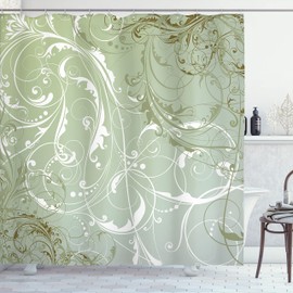 Ambesonne Floral Shower Curtain, Baroque Swirl Branches Curved Flower Leaves Shabby Form Nature Pattern, Cloth Fabric Bathroom Decor Set with Hooks, 69" W x 75" L, Soft Green
