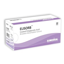 Elimedical ELISORB Suture with Reverse Cutting Needle, 12 Pack. Surgical Wound Training Students, Practice and Educational Use. Multifilament Absorbable Material 5/0 PGA, 30”, FS2, Undyed 421PGA