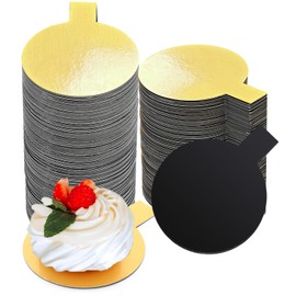 Teenyyou 200 Pcs 2 Inch Round Cake Board with Tab Mini Pastry Reversible Waxed Cake Board for Dessert Display Trays Pastry Plates(Gold and Black)
